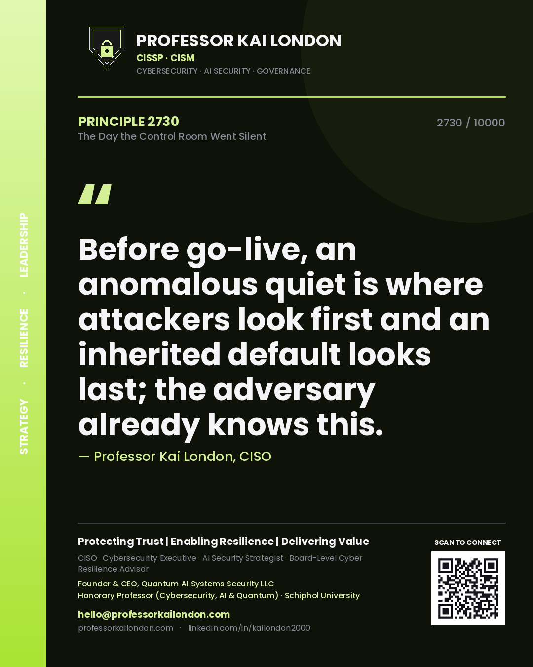 Quote card by Professor Kai London reading 'Before go-live, an anomalous quiet is where attackers look first and an inherited default looks last; the adversary already knows this.'. From the book The Day the Control Room Went Silent.