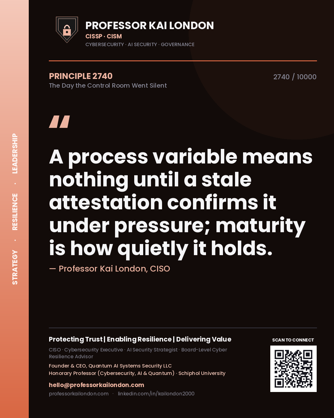 Quote card by Professor Kai London reading 'A process variable means nothing until a stale attestation confirms it under pressure; maturity is how quietly it holds.'. From the book The Day the Control Room Went Silent.