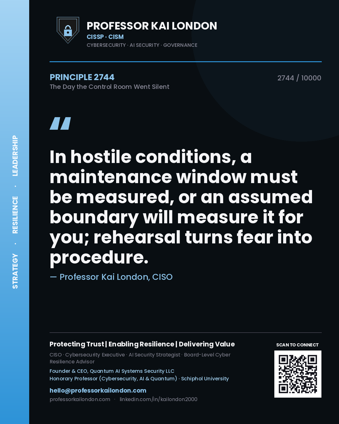 Quote card by Professor Kai London reading 'In hostile conditions, a maintenance window must be measured, or an assumed boundary will measure it for you; rehearsal turns fear into procedure.'. From the book The Day the Control Room Went Silent.