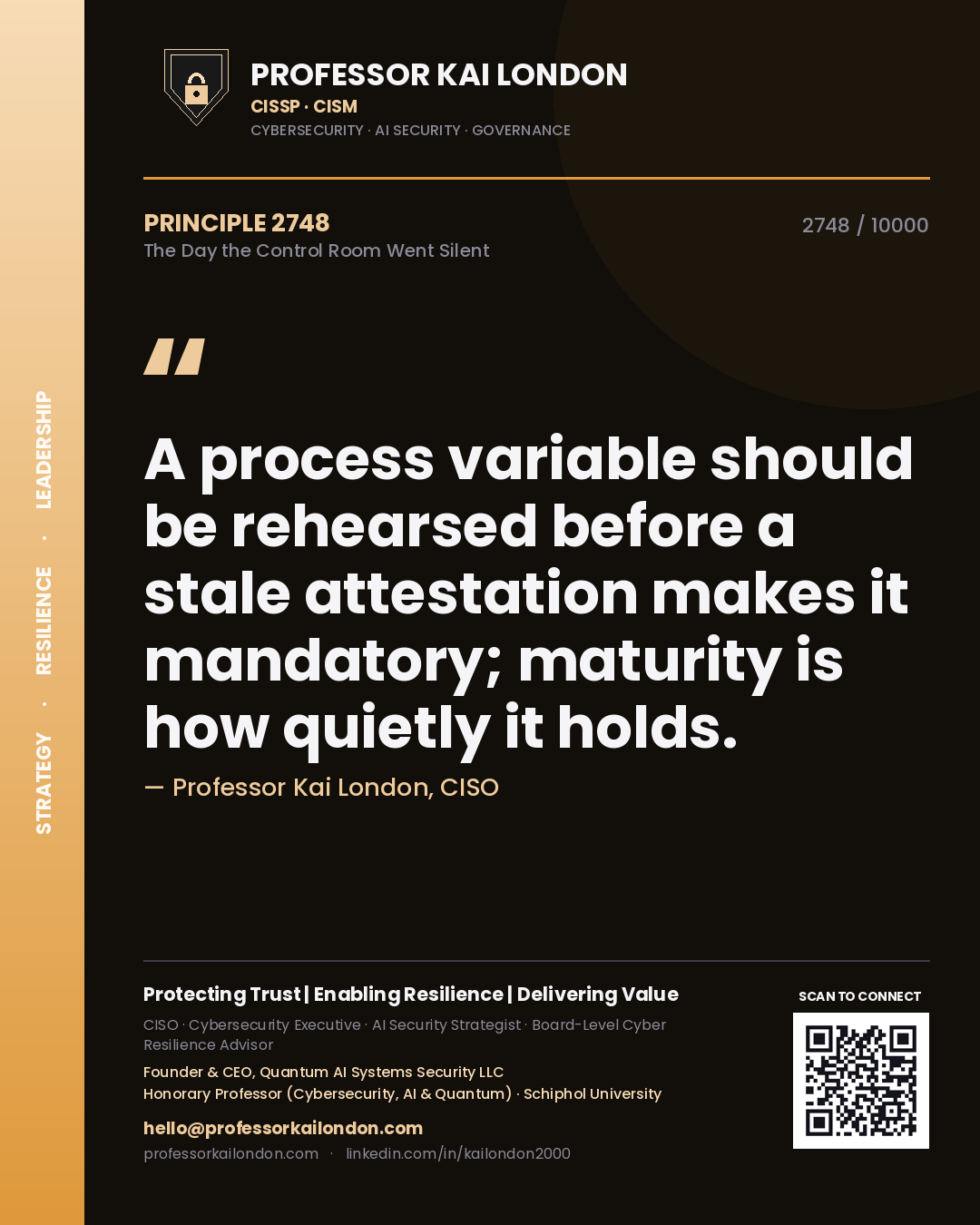 Quote card by Professor Kai London reading 'A process variable should be rehearsed before a stale attestation makes it mandatory; maturity is how quietly it holds.'. From the book The Day the Control Room Went Silent.
