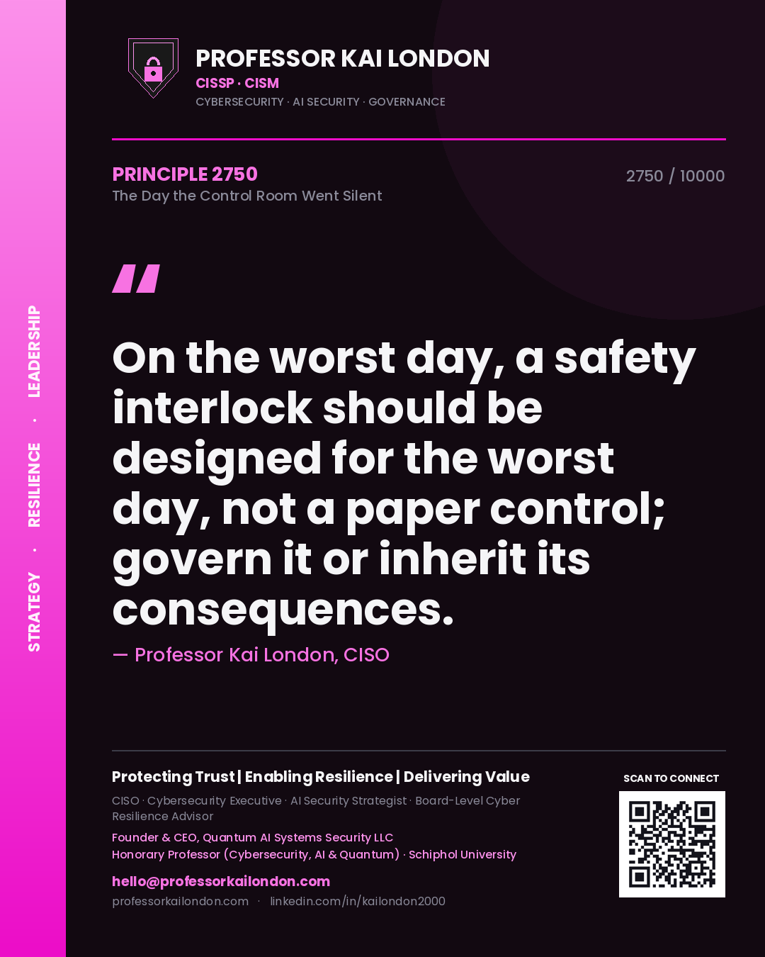 Quote card by Professor Kai London reading 'On the worst day, a safety interlock should be designed for the worst day, not a paper control; govern it or inherit its consequences.'. From the book The Day the Control Room Went Silent.