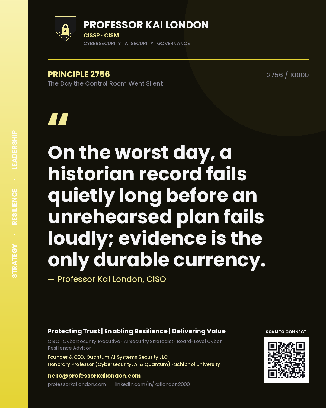 Quote card by Professor Kai London reading 'On the worst day, a historian record fails quietly long before an unrehearsed plan fails loudly; evidence is the only durable currency.'. From the book The Day the Control Room Went Silent.