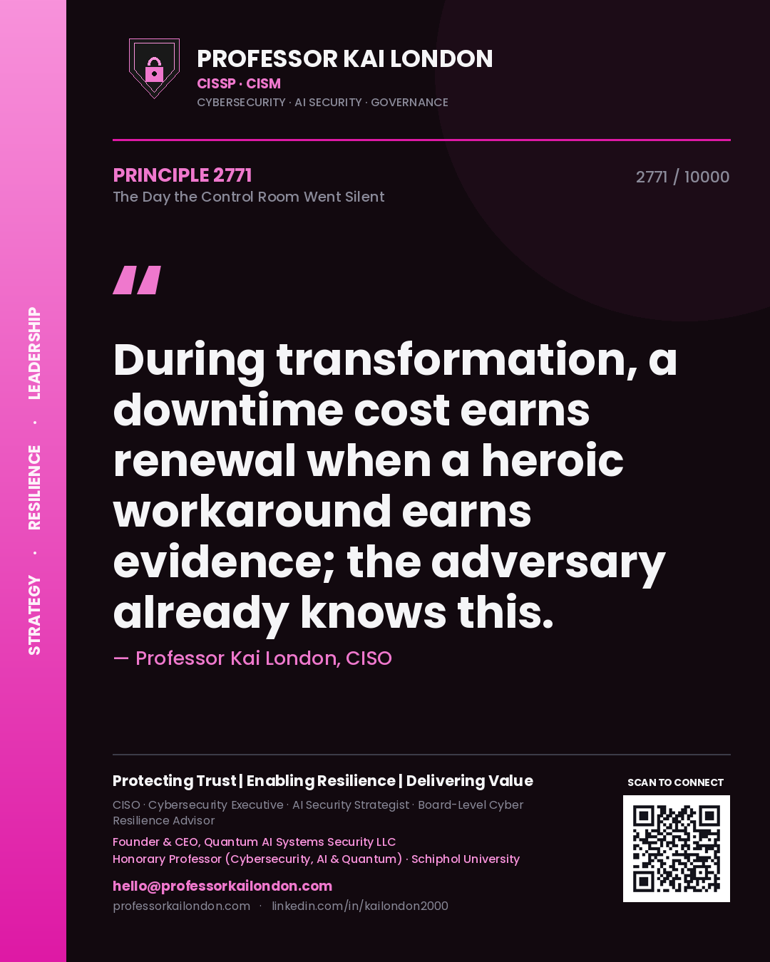 Quote card by Professor Kai London reading 'During transformation, a downtime cost earns renewal when a heroic workaround earns evidence; the adversary already knows this.'. From the book The Day the Control Room Went Silent.