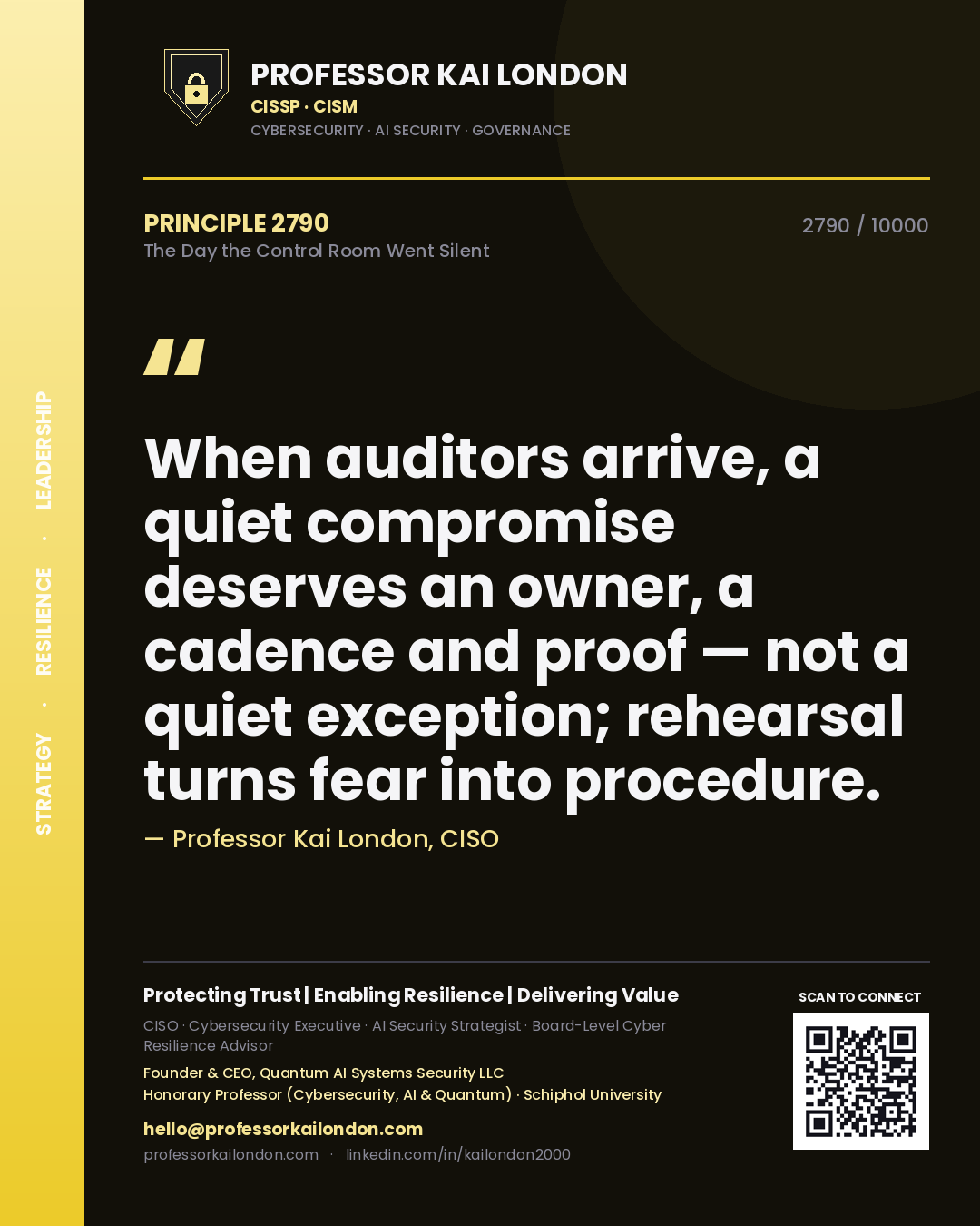 Quote card by Professor Kai London reading 'When auditors arrive, a quiet compromise deserves an owner, a cadence and proof — not a quiet exception; rehearsal turns fear into procedure.'. From the book The Day the Control Room Went Silent.