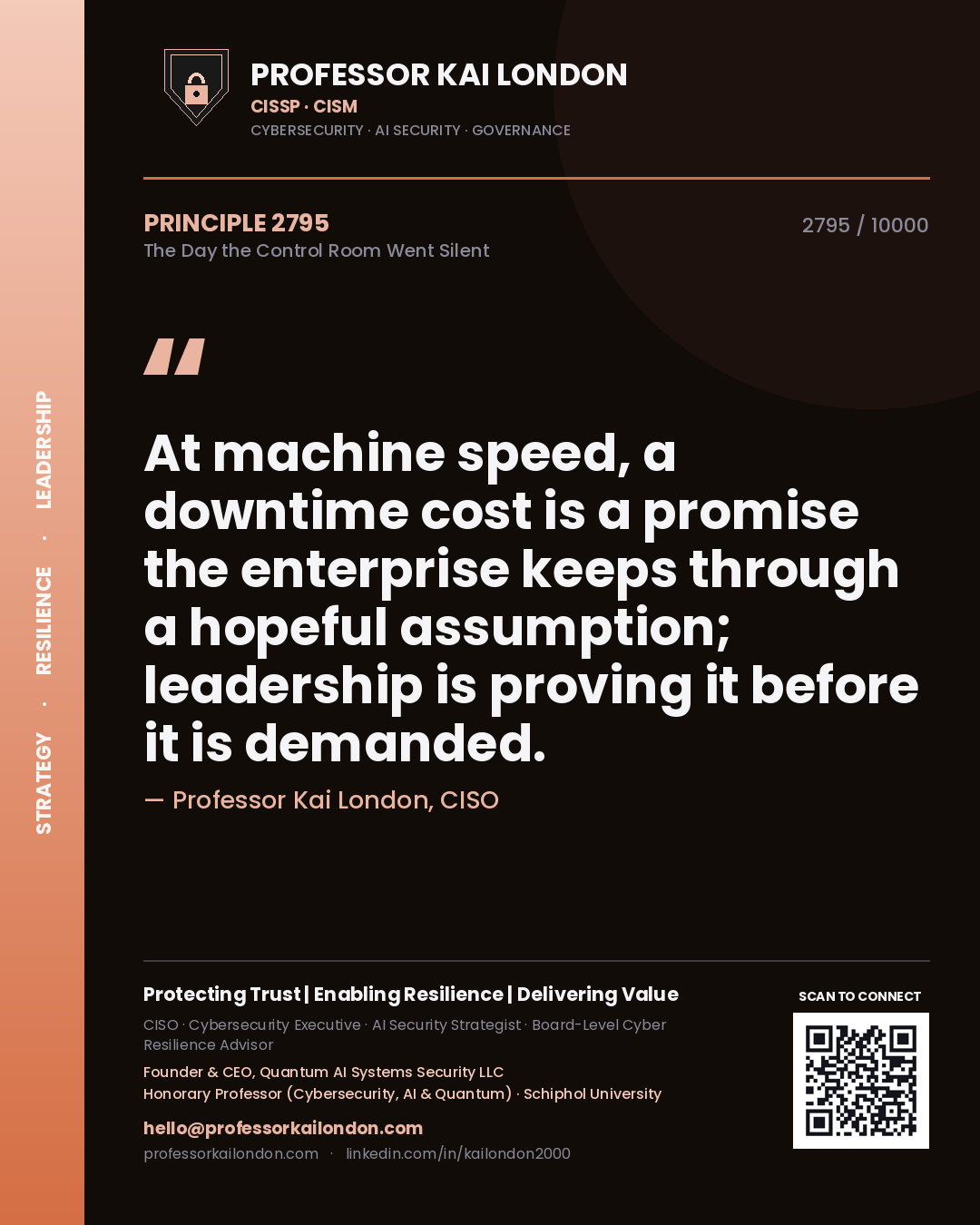 Quote card by Professor Kai London reading 'At machine speed, a downtime cost is a promise the enterprise keeps through a hopeful assumption; leadership is proving it before it is demanded.'. From the book The Day the Control Room Went Silent.