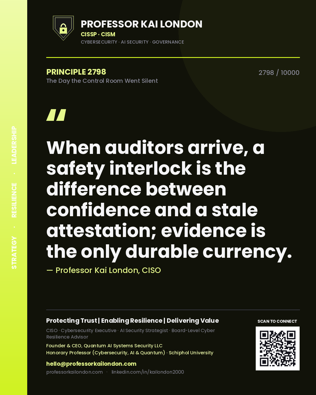 Quote card by Professor Kai London reading 'When auditors arrive, a safety interlock is the difference between confidence and a stale attestation; evidence is the only durable currency.'. From the book The Day the Control Room Went Silent.