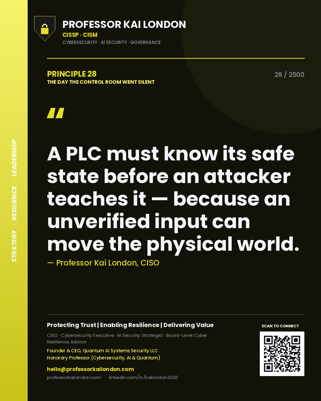 Quote card by Professor Kai London reading 'A PLC must know its safe state before an attacker teaches it — because an unverified input can move the physical world.'. From the book The Day the Control Room Went Silent.