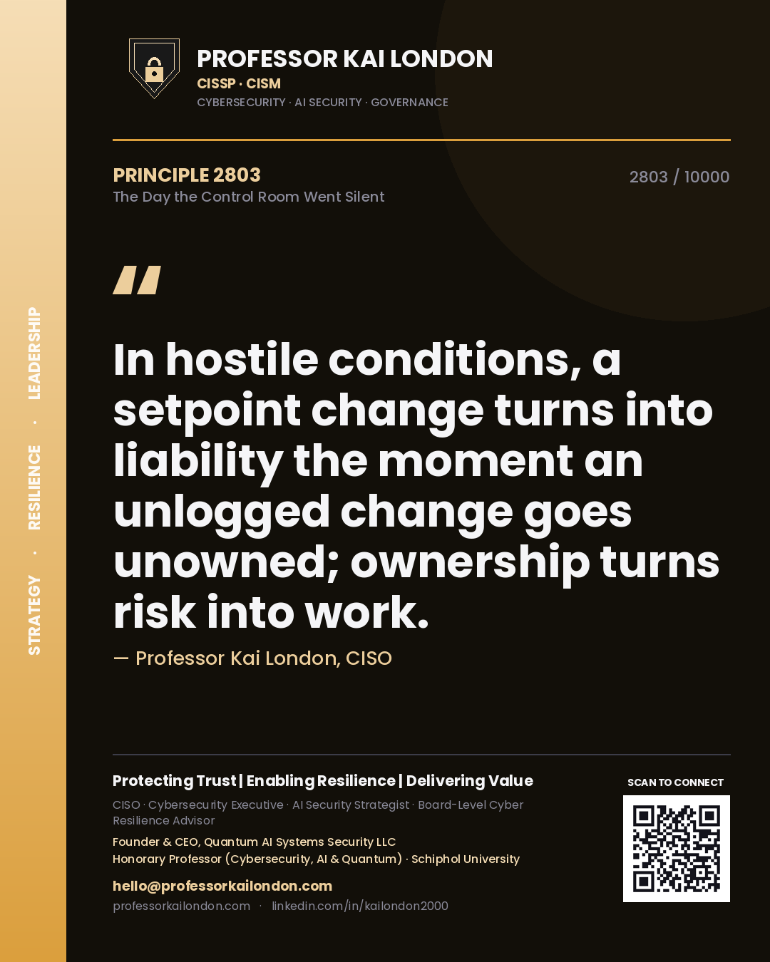 Quote card by Professor Kai London reading 'In hostile conditions, a setpoint change turns into liability the moment an unlogged change goes unowned; ownership turns risk into work.'. From the book The Day the Control Room Went Silent.