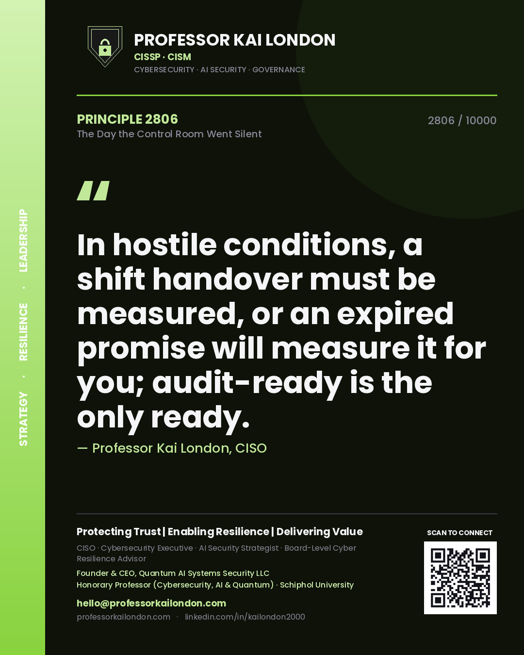 Quote card by Professor Kai London reading 'In hostile conditions, a shift handover must be measured, or an expired promise will measure it for you; audit-ready is the only ready.'. From the book The Day the Control Room Went Silent.
