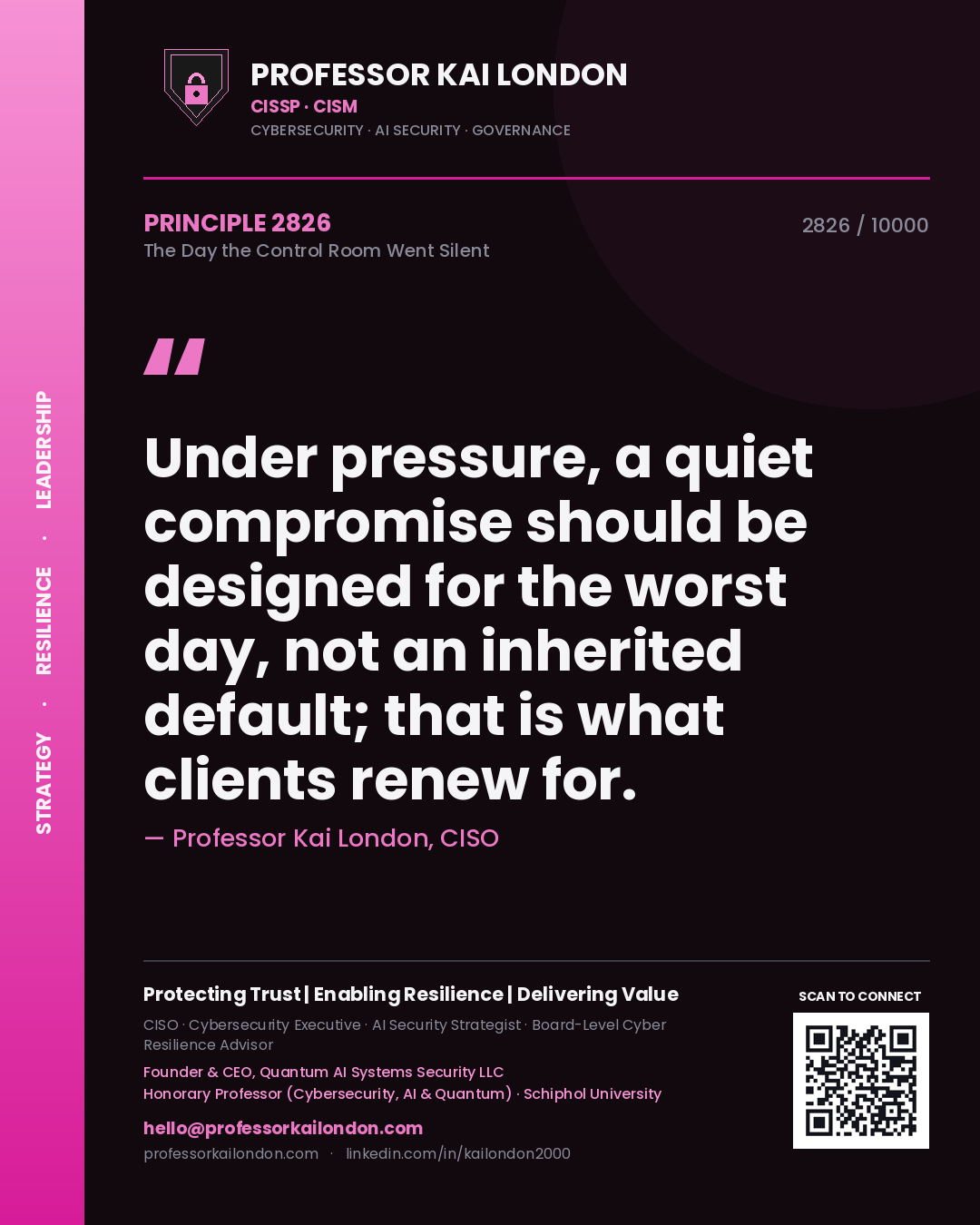 Quote card by Professor Kai London reading 'Under pressure, a quiet compromise should be designed for the worst day, not an inherited default; that is what clients renew for.'. From the book The Day the Control Room Went Silent.