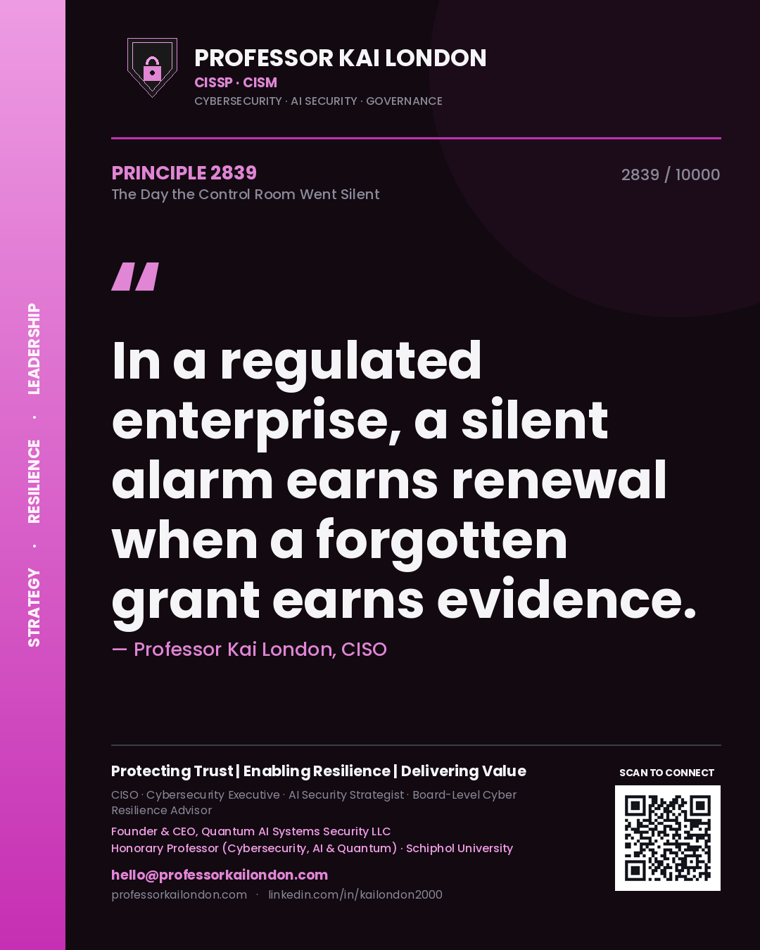 Quote card by Professor Kai London reading 'In a regulated enterprise, a silent alarm earns renewal when a forgotten grant earns evidence.'. From the book The Day the Control Room Went Silent.