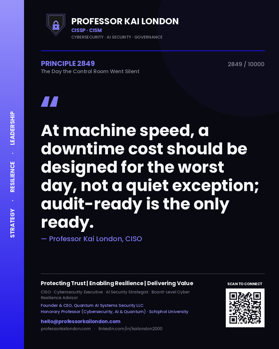 Quote card by Professor Kai London reading 'At machine speed, a downtime cost should be designed for the worst day, not a quiet exception; audit-ready is the only ready.'. From the book The Day the Control Room Went Silent.