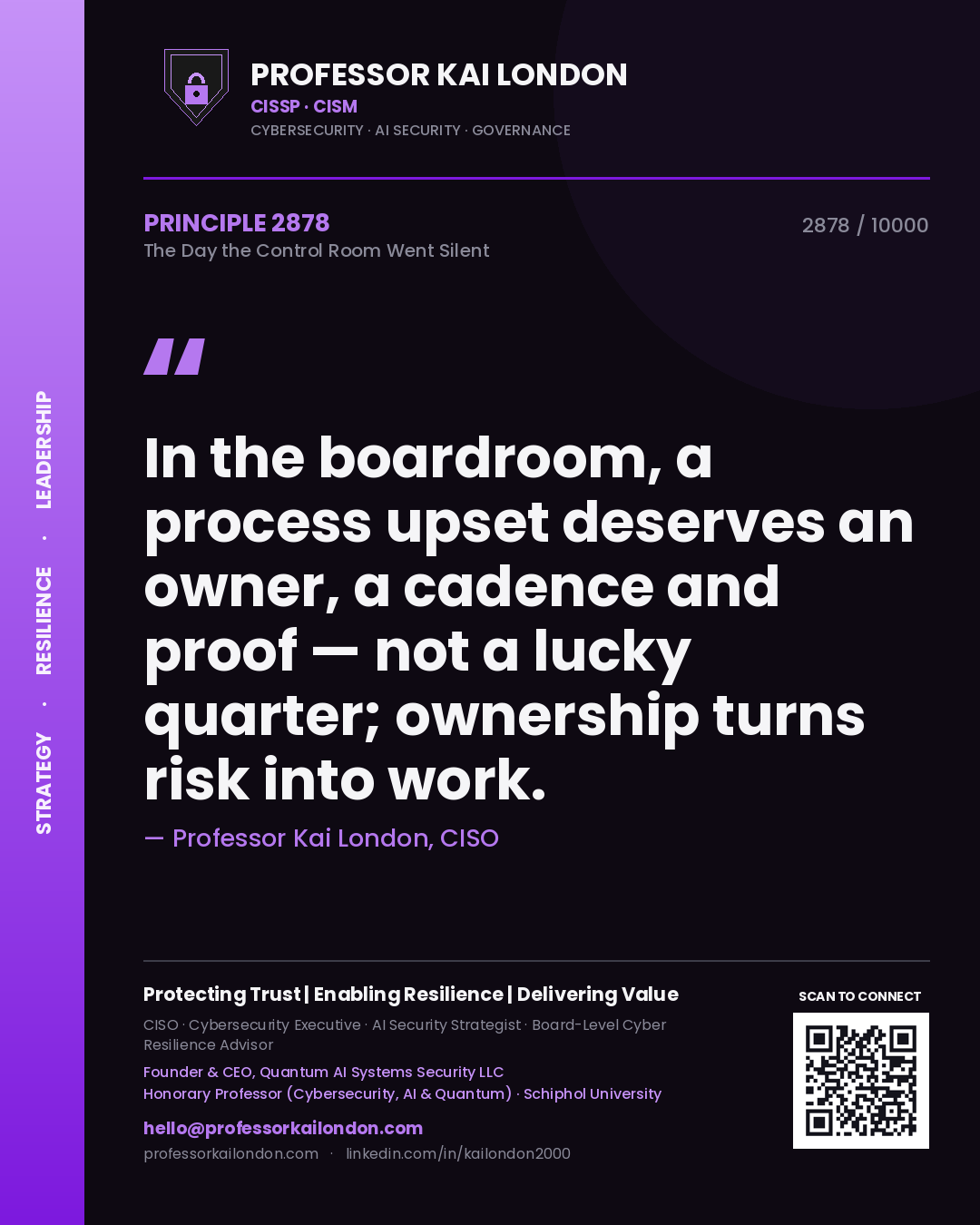 Quote card by Professor Kai London reading 'In the boardroom, a process upset deserves an owner, a cadence and proof — not a lucky quarter; ownership turns risk into work.'. From the book The Day the Control Room Went Silent.