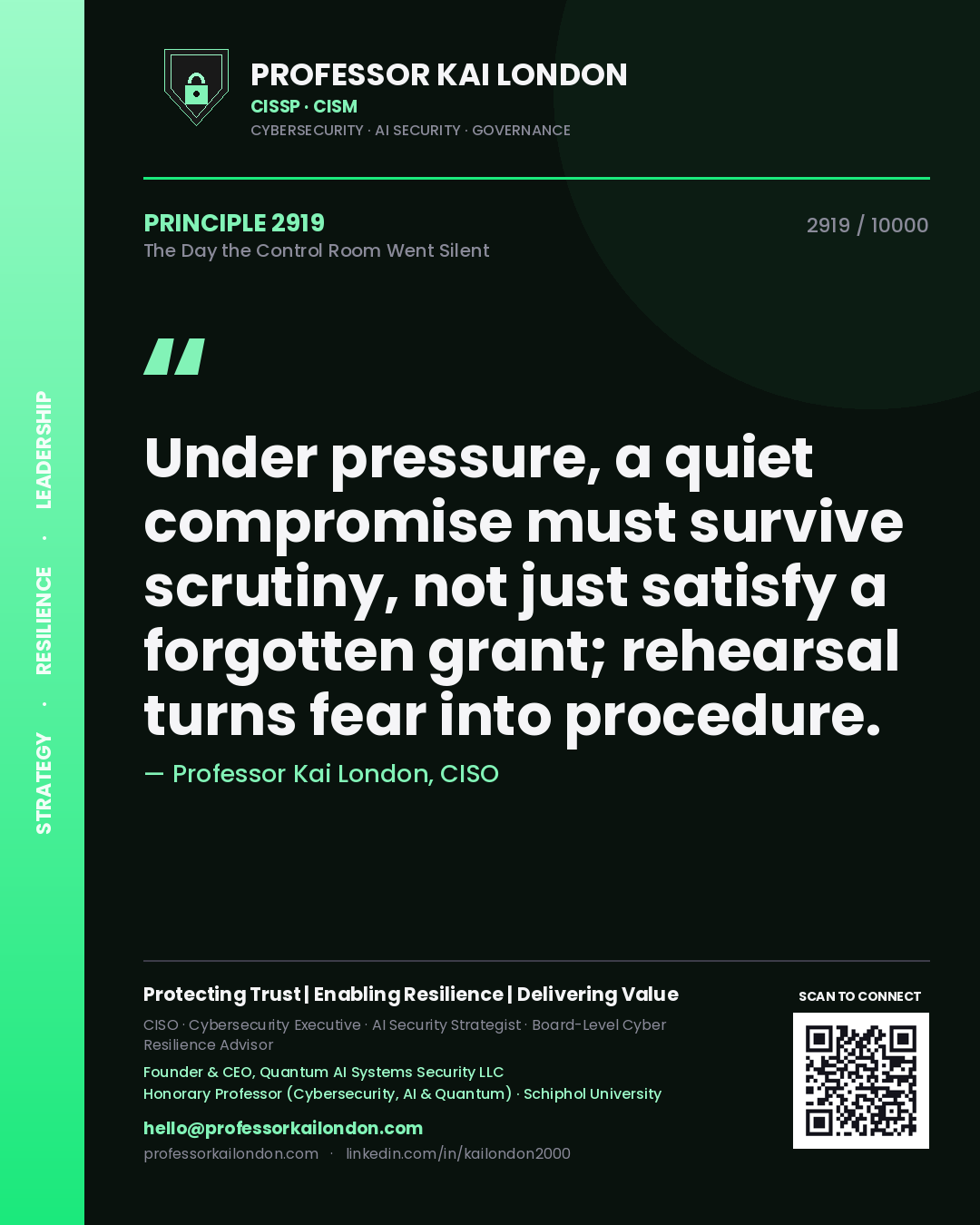 Quote card by Professor Kai London reading 'Under pressure, a quiet compromise must survive scrutiny, not just satisfy a forgotten grant; rehearsal turns fear into procedure.'. From the book The Day the Control Room Went Silent.