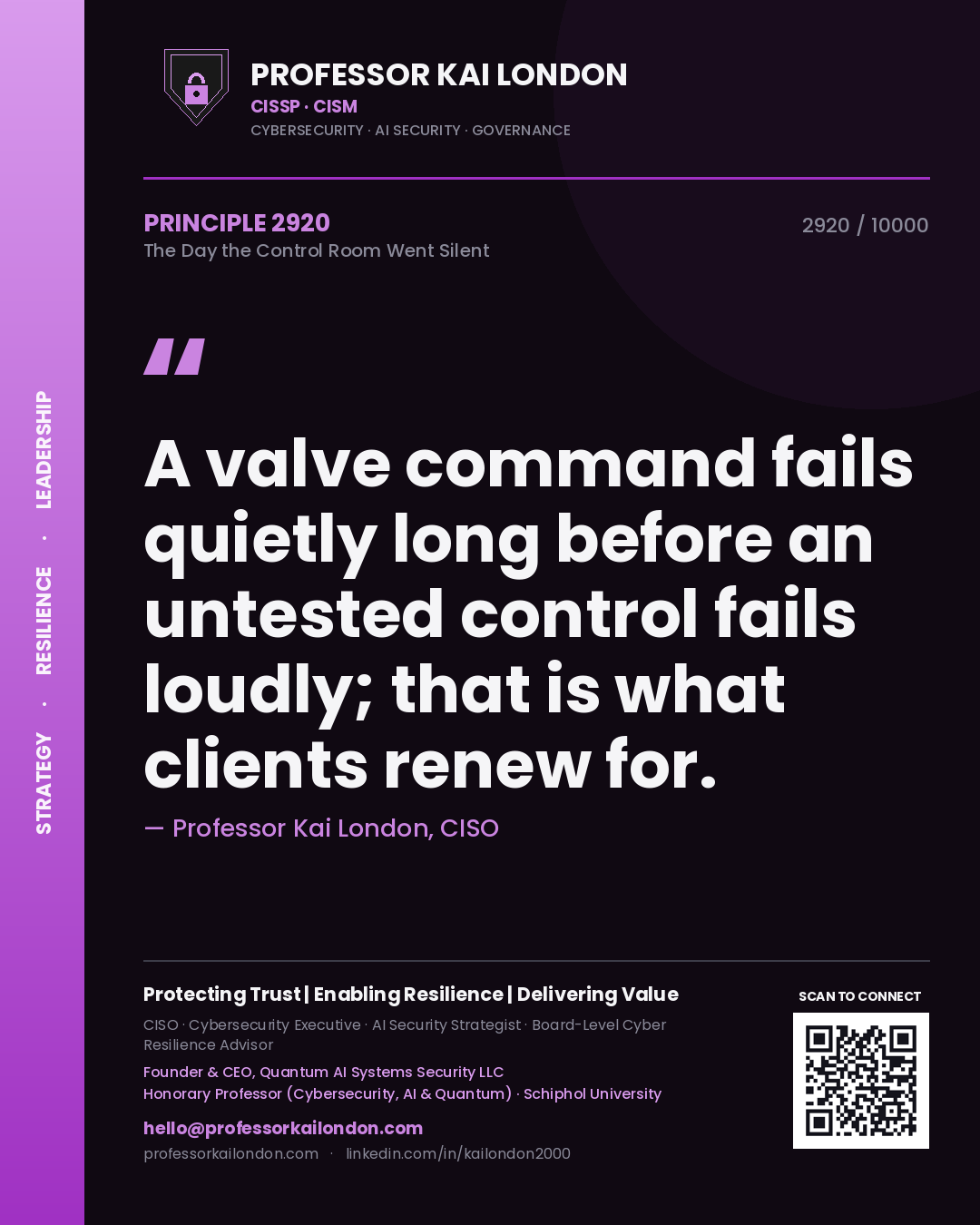 Professor Kai London principle 2920: A valve command fails quietly long before an untested control fails loudly; that is what clients renew for.