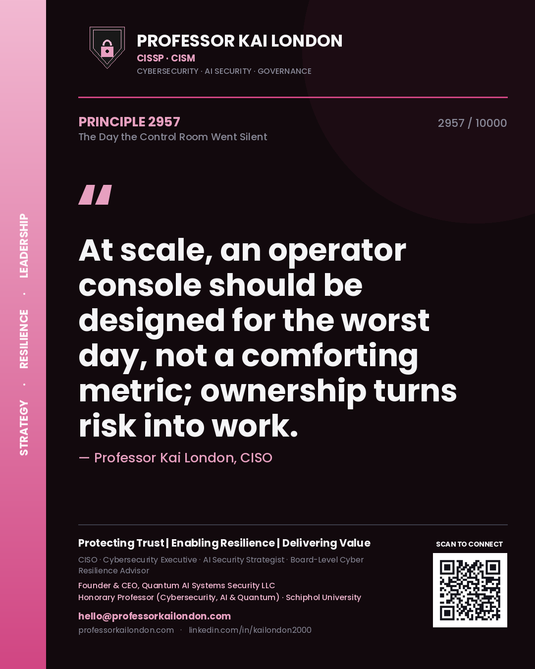 Professor Kai London principle 2957: At scale, an operator console should be designed for the worst day, not a comforting metric; ownership turns risk into work.