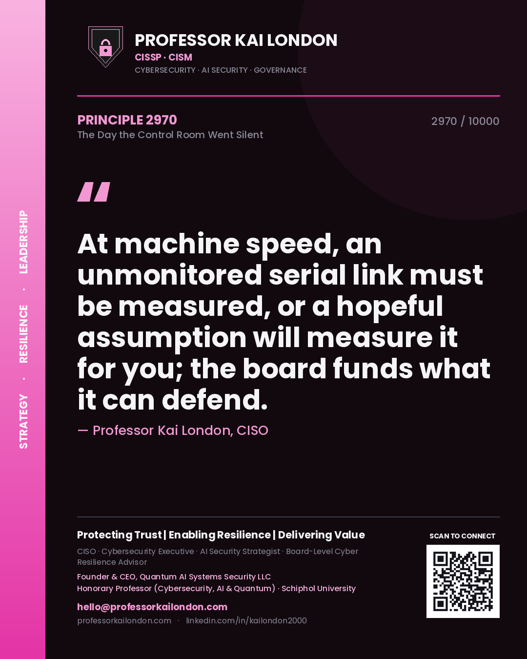 Professor Kai London principle 2970: At machine speed, an unmonitored serial link must be measured, or a hopeful assumption will measure it for you; the board funds what it can defend.