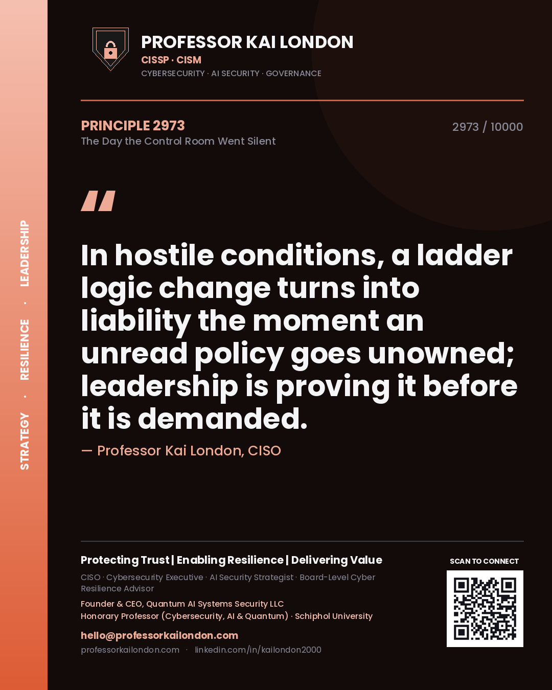 Quote card by Professor Kai London reading 'In hostile conditions, a ladder logic change turns into liability the moment an unread policy goes unowned; leadership is proving it before it is demanded.'. From the book The Day the Control Room Went Silent.