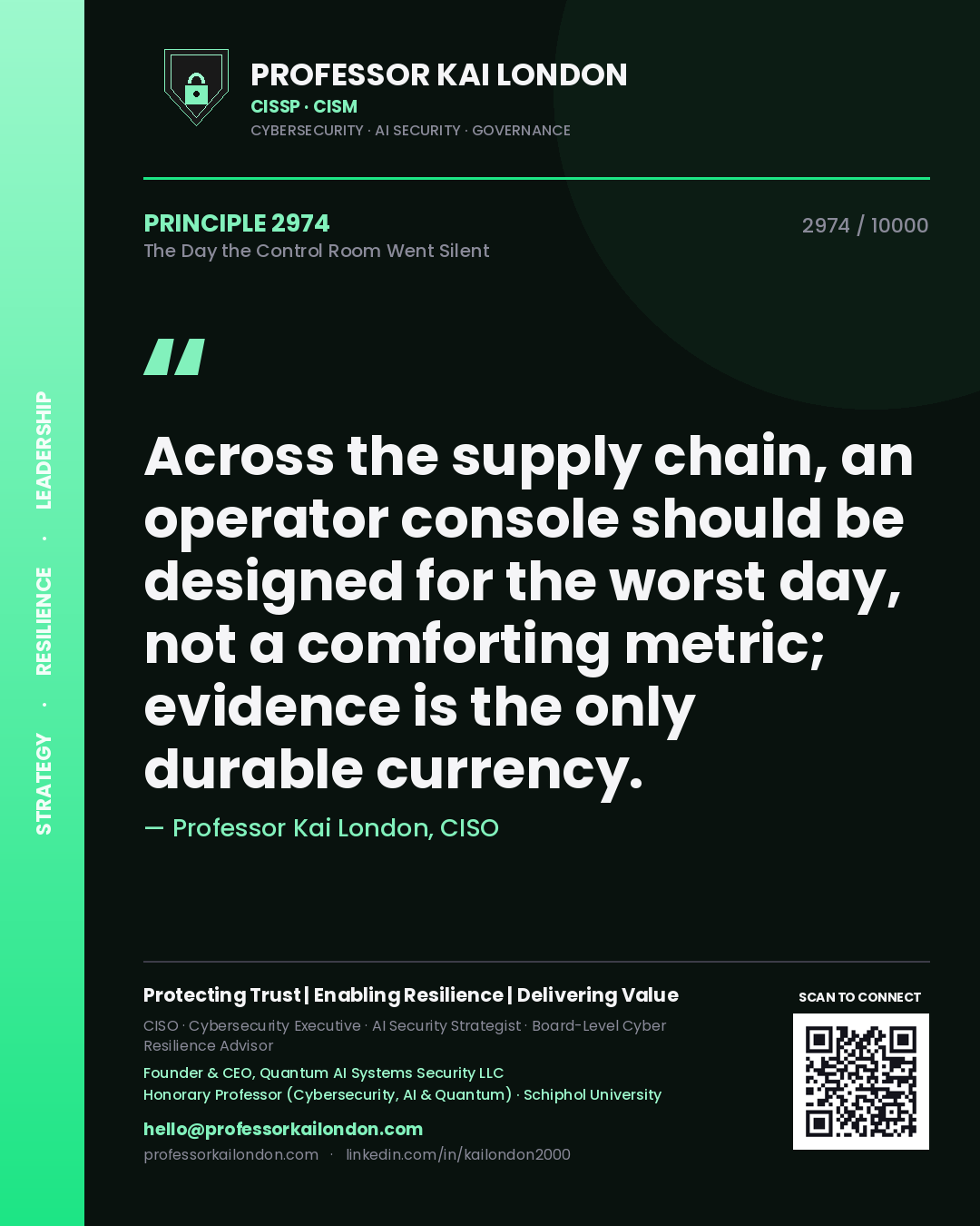 Quote card by Professor Kai London reading 'Across the supply chain, an operator console should be designed for the worst day, not a comforting metric; evidence is the only durable currency.'. From the book The Day the Control Room Went Silent.