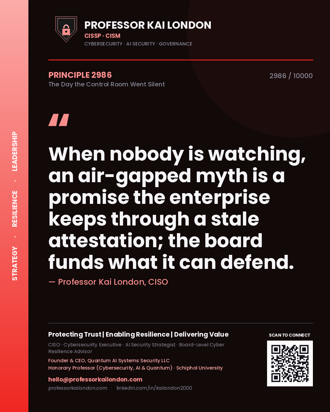 Quote card by Professor Kai London reading 'When nobody is watching, an air-gapped myth is a promise the enterprise keeps through a stale attestation; the board funds what it can defend.'. From the book The Day the Control Room Went Silent.
