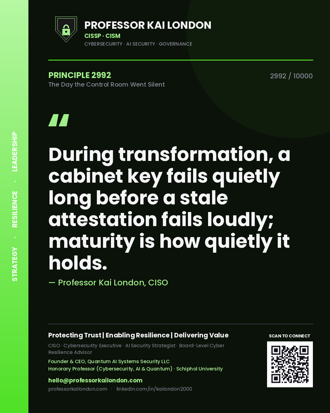 Professor Kai London principle 2992: During transformation, a cabinet key fails quietly long before a stale attestation fails loudly; maturity is how quietly it holds.