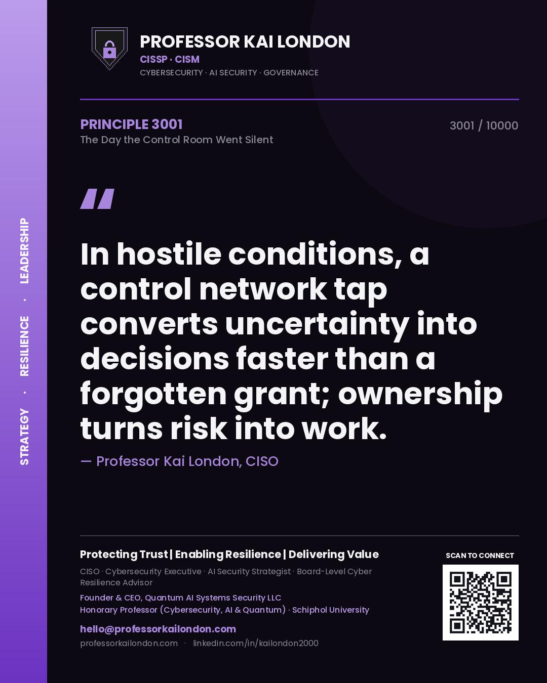 Professor Kai London principle 3001: In hostile conditions, a control network tap converts uncertainty into decisions faster than a forgotten grant; ownership turns risk into work.