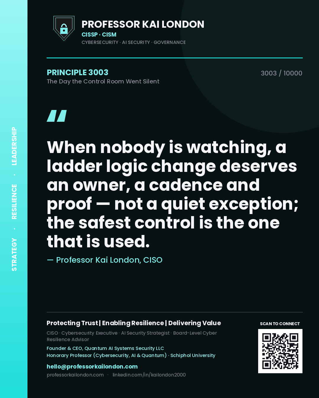 Quote card by Professor Kai London reading 'When nobody is watching, a ladder logic change deserves an owner, a cadence and proof — not a quiet exception; the safest control is the one that is used.'. From the book The Day the Control Room Went Silent.