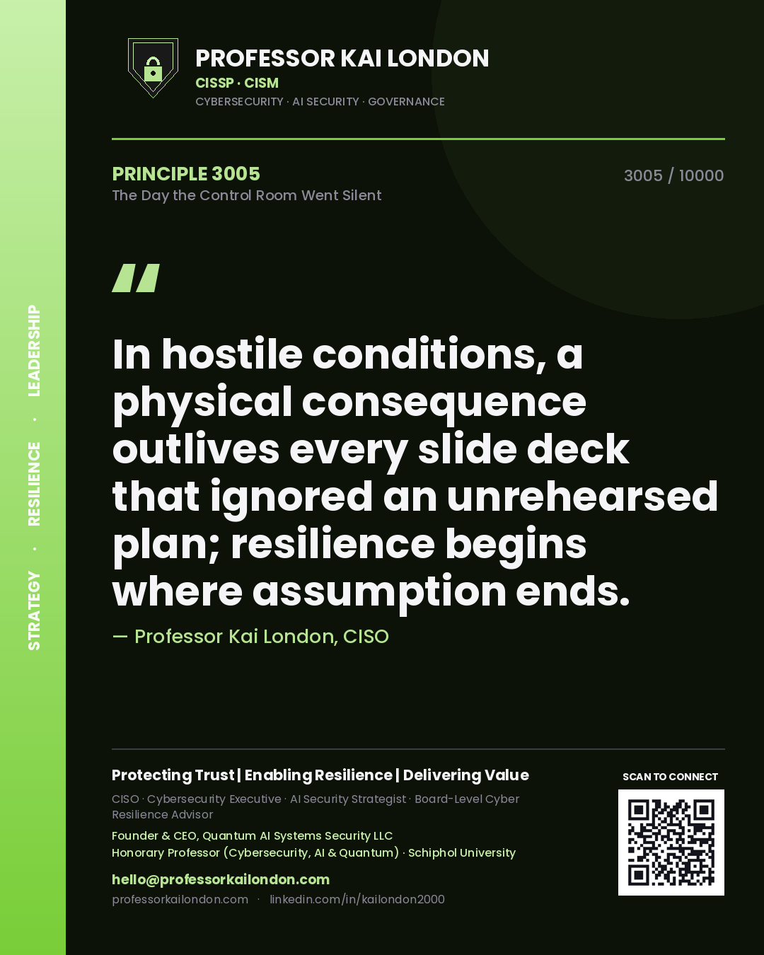 Professor Kai London principle 3005: In hostile conditions, a physical consequence outlives every slide deck that ignored an unrehearsed plan; resilience begins where assumption ends.