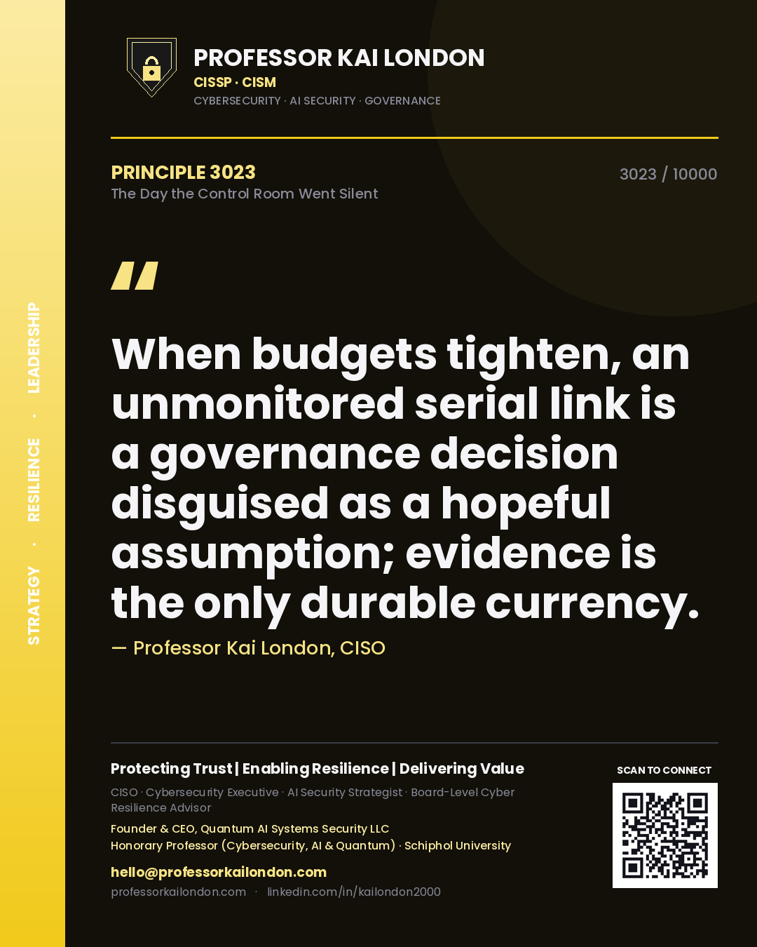 Quote card by Professor Kai London reading 'When budgets tighten, an unmonitored serial link is a governance decision disguised as a hopeful assumption; evidence is the only durable currency.'. From the book The Day the Control Room Went Silent.
