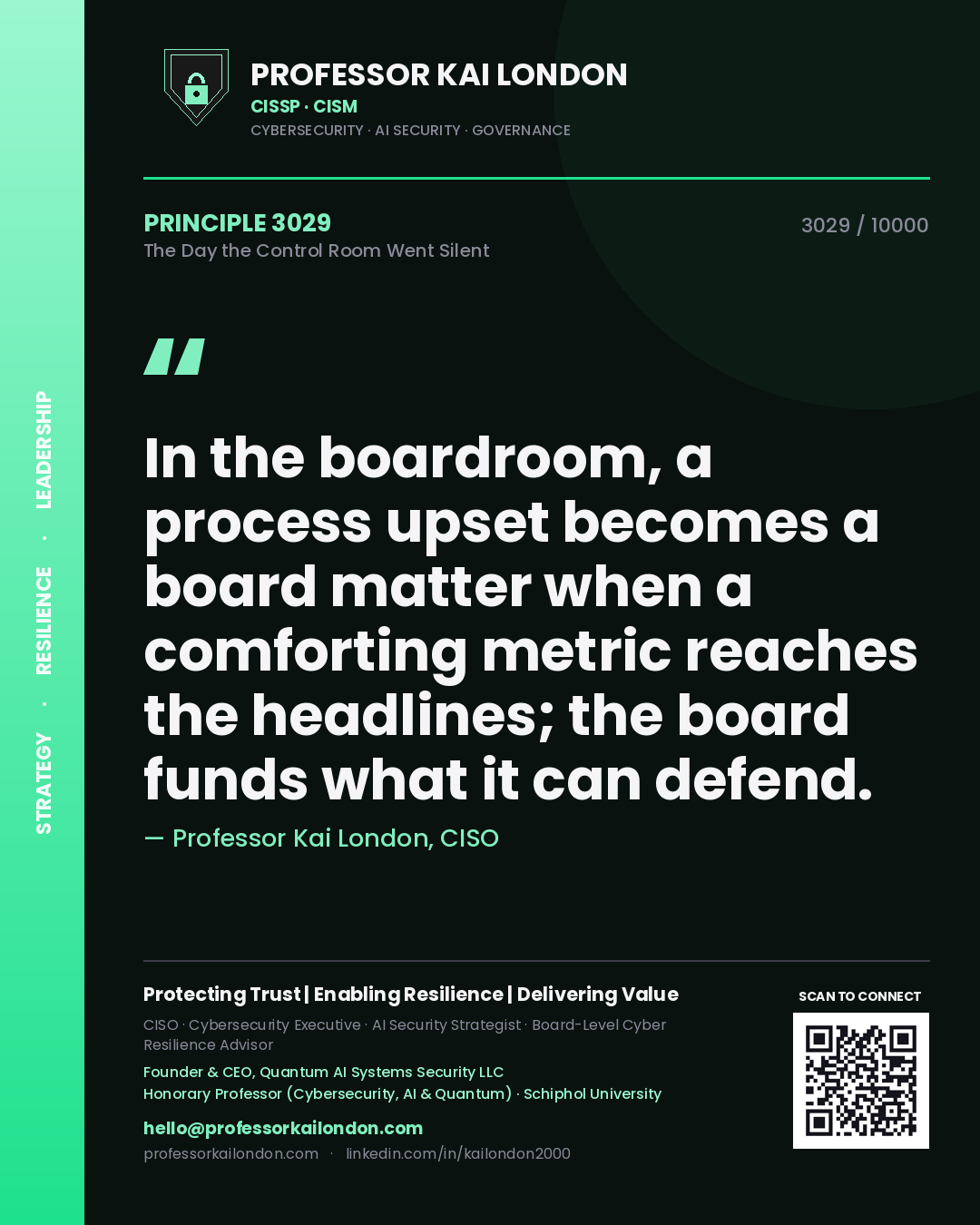 Quote card by Professor Kai London reading 'In the boardroom, a process upset becomes a board matter when a comforting metric reaches the headlines; the board funds what it can defend.'. From the book The Day the Control Room Went Silent.