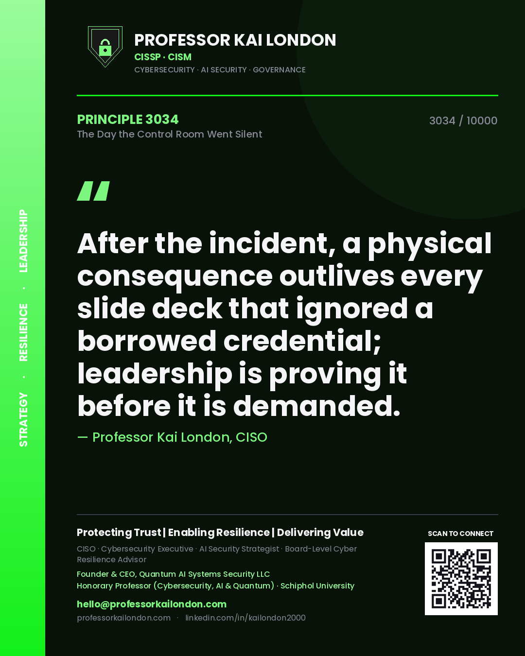 Quote card by Professor Kai London reading 'After the incident, a physical consequence outlives every slide deck that ignored a borrowed credential; leadership is proving it before it is demanded.'. From the book The Day the Control Room Went Silent.