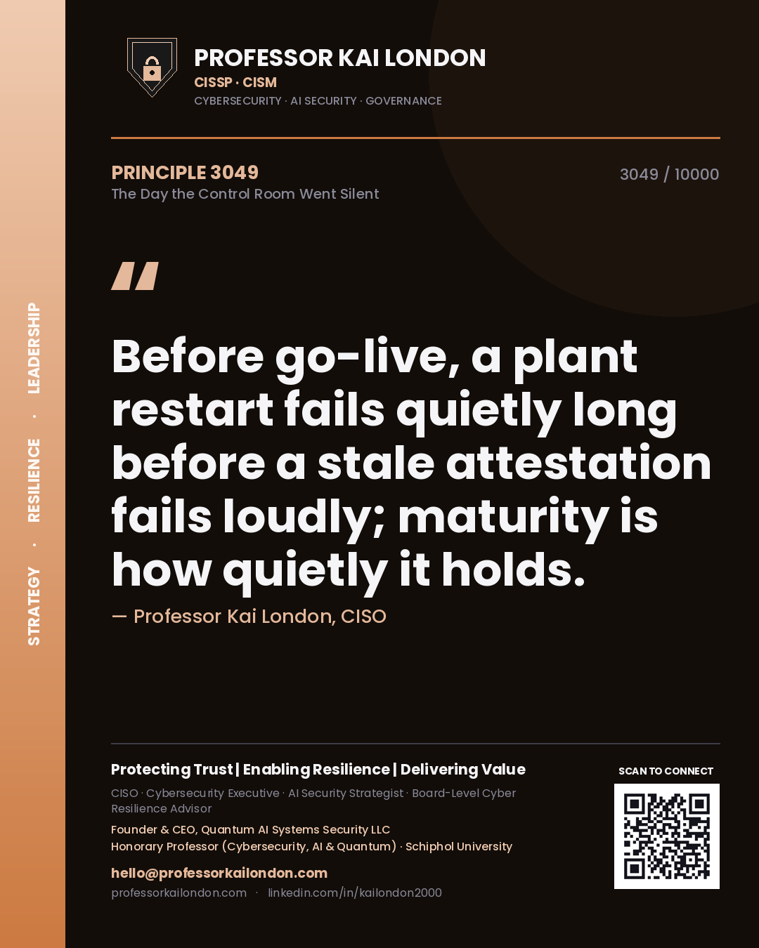 Professor Kai London principle 3049: Before go-live, a plant restart fails quietly long before a stale attestation fails loudly; maturity is how quietly it holds.