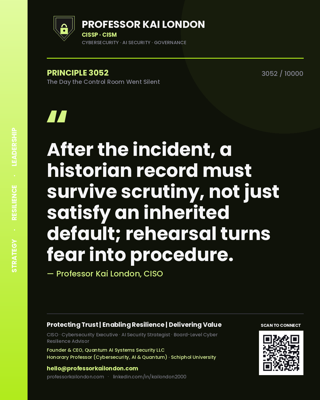 Quote card by Professor Kai London reading 'After the incident, a historian record must survive scrutiny, not just satisfy an inherited default; rehearsal turns fear into procedure.'. From the book The Day the Control Room Went Silent.