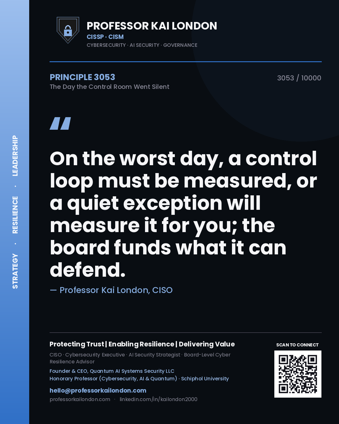Quote card by Professor Kai London reading 'On the worst day, a control loop must be measured, or a quiet exception will measure it for you; the board funds what it can defend.'. From the book The Day the Control Room Went Silent.