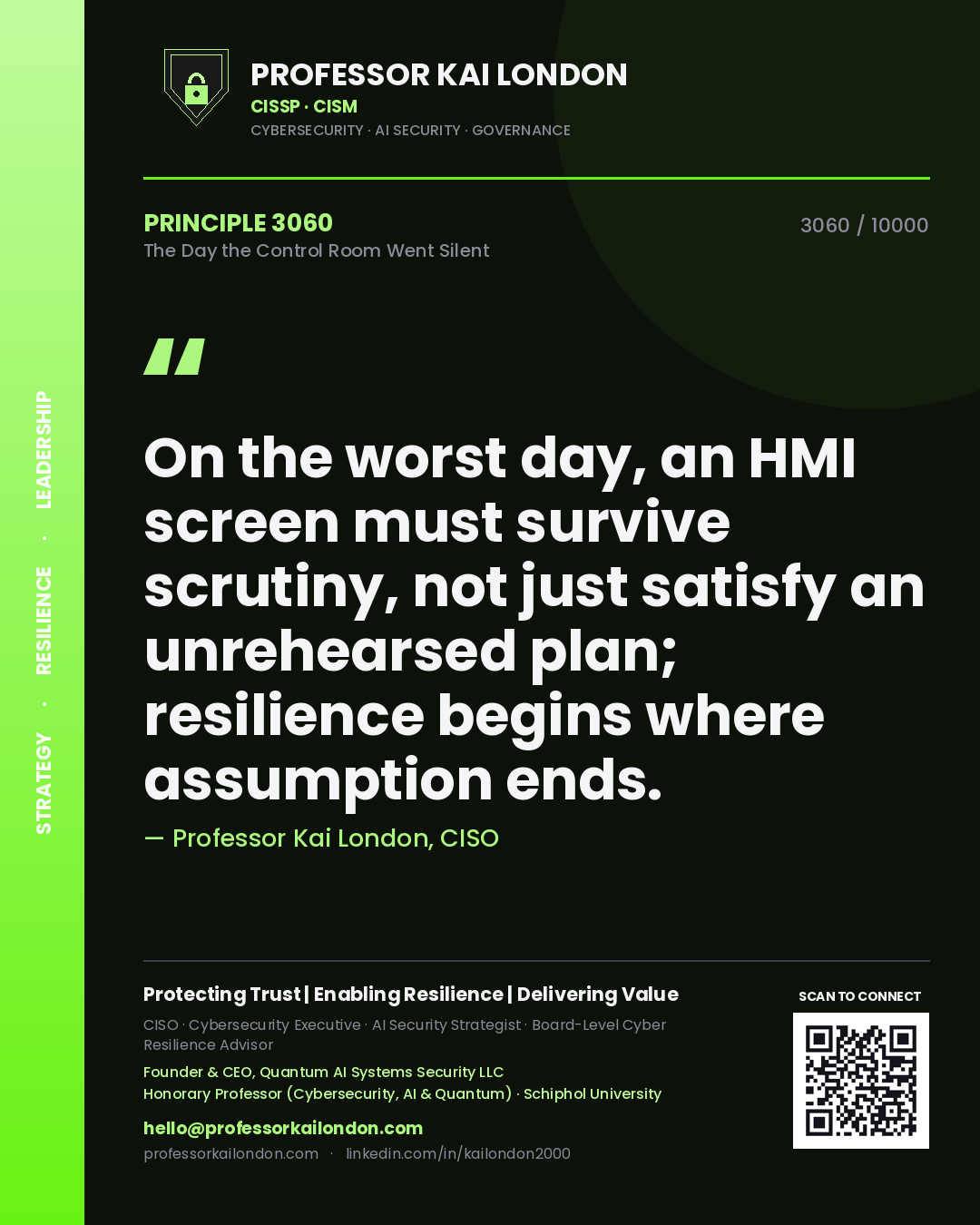 Professor Kai London principle 3060: On the worst day, an HMI screen must survive scrutiny, not just satisfy an unrehearsed plan; resilience begins where assumption ends.