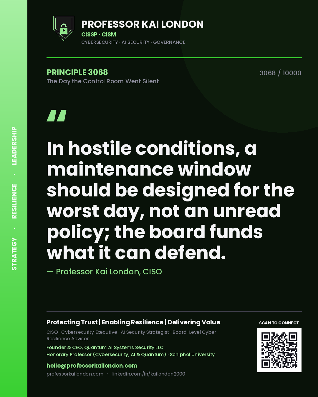 Professor Kai London principle 3068: In hostile conditions, a maintenance window should be designed for the worst day, not an unread policy; the board funds what it can defend.