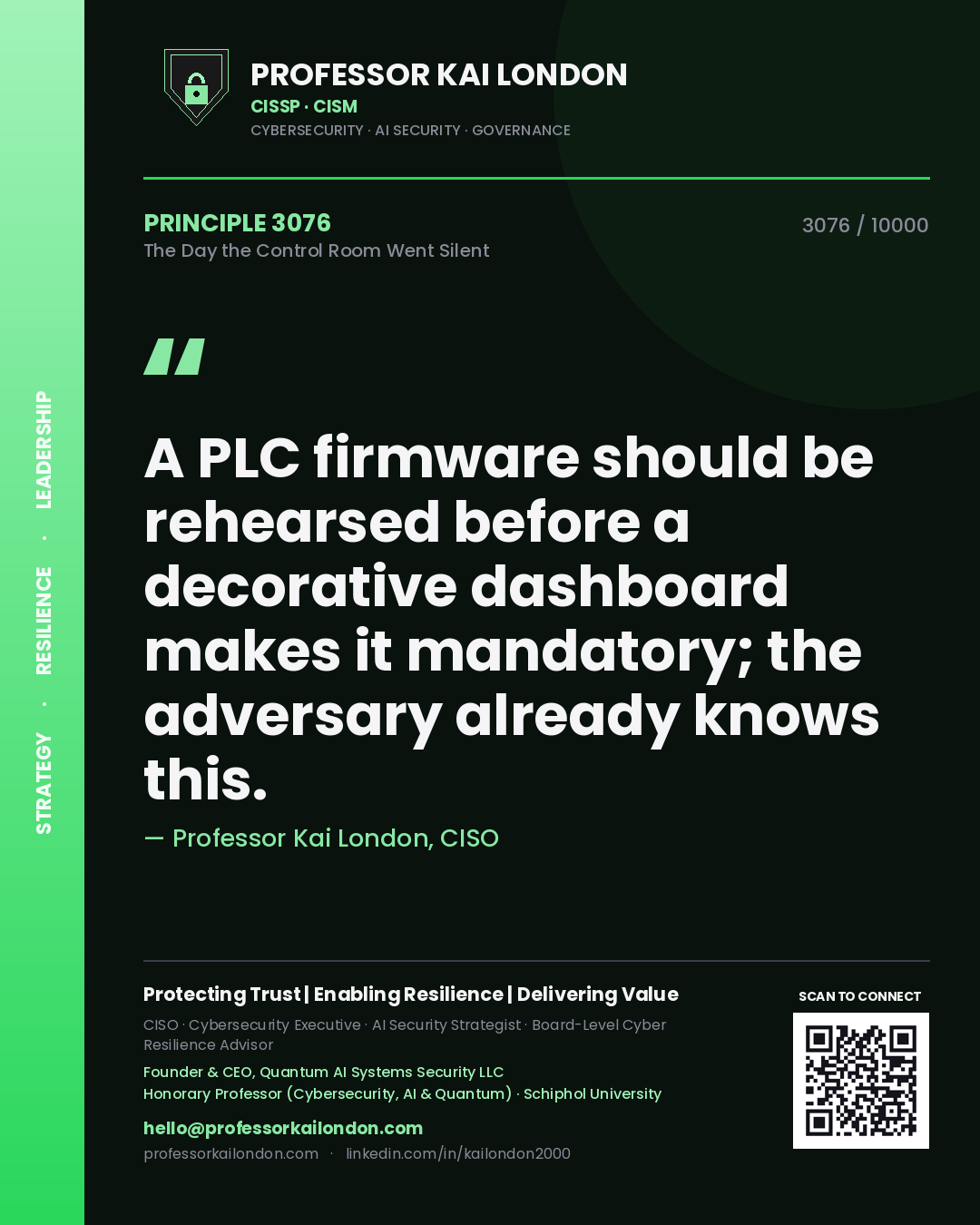 Professor Kai London principle 3076: A PLC firmware should be rehearsed before a decorative dashboard makes it mandatory; the adversary already knows this.