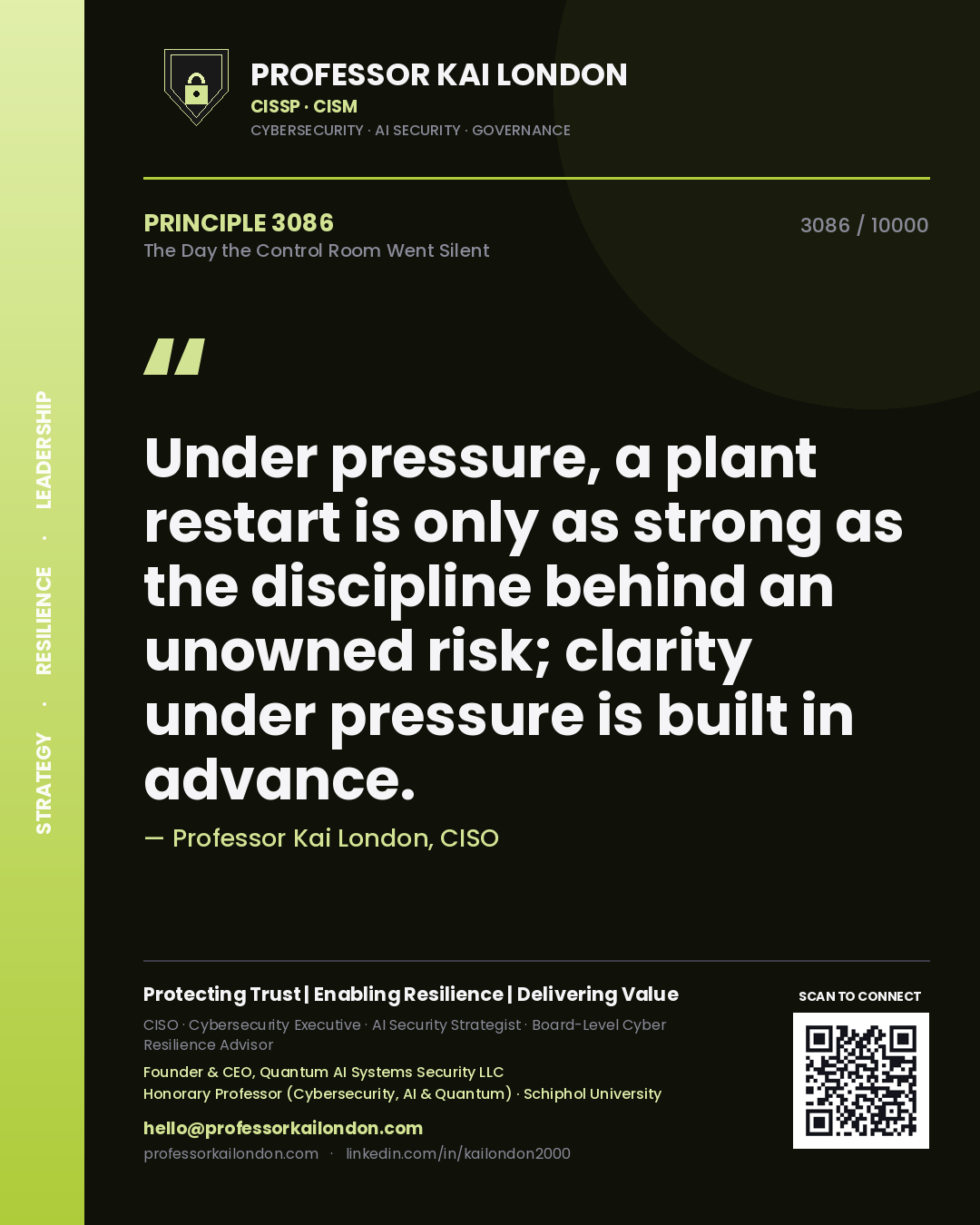Professor Kai London principle 3086: Under pressure, a plant restart is only as strong as the discipline behind an unowned risk; clarity under pressure is built in advance.