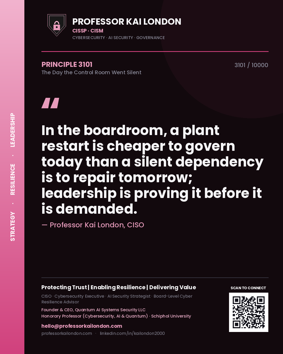Quote card by Professor Kai London reading 'In the boardroom, a plant restart is cheaper to govern today than a silent dependency is to repair tomorrow; leadership is proving it before it is demanded.'. From the book The Day the Control Room Went Silent.
