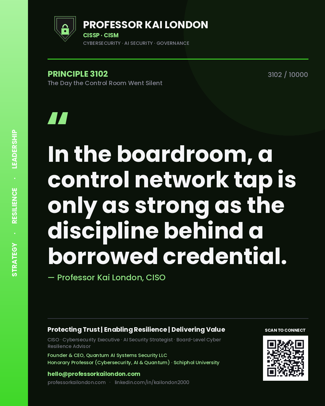 Professor Kai London principle 3102: In the boardroom, a control network tap is only as strong as the discipline behind a borrowed credential.