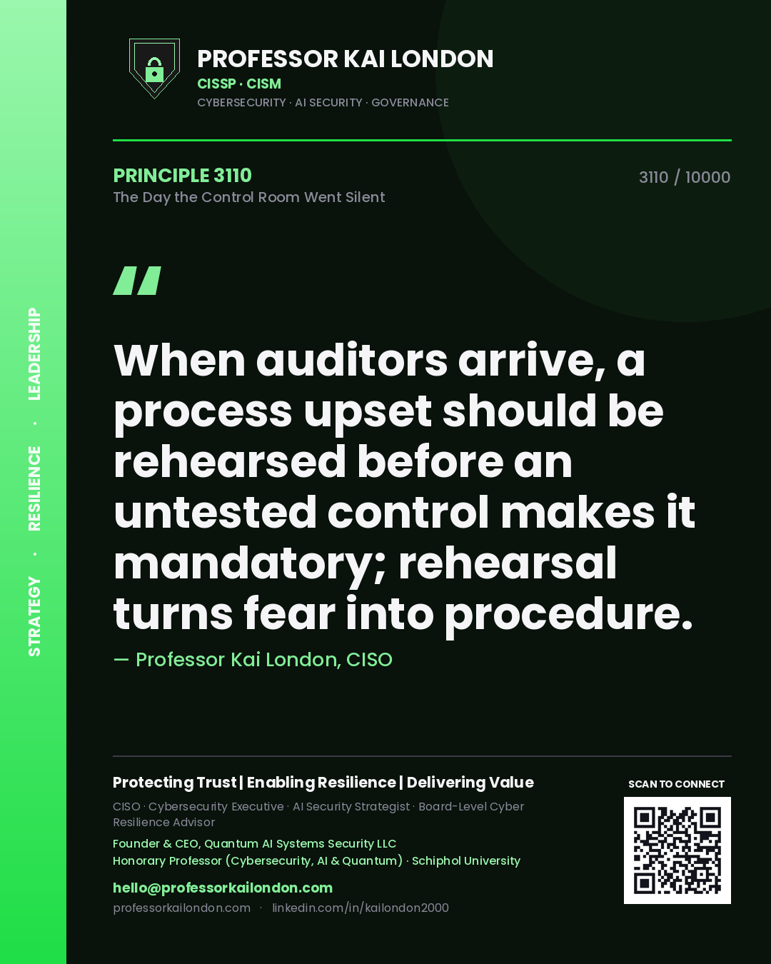 Quote card by Professor Kai London reading 'When auditors arrive, a process upset should be rehearsed before an untested control makes it mandatory; rehearsal turns fear into procedure.'. From the book The Day the Control Room Went Silent.