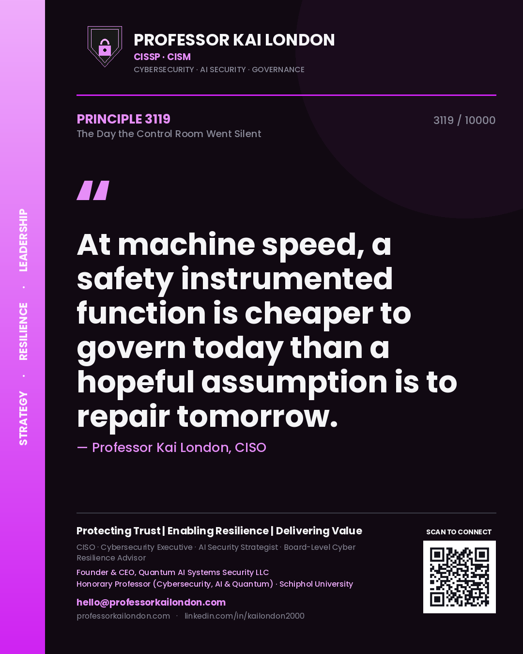 Quote card by Professor Kai London reading 'At machine speed, a safety instrumented function is cheaper to govern today than a hopeful assumption is to repair tomorrow.'. From the book The Day the Control Room Went Silent.