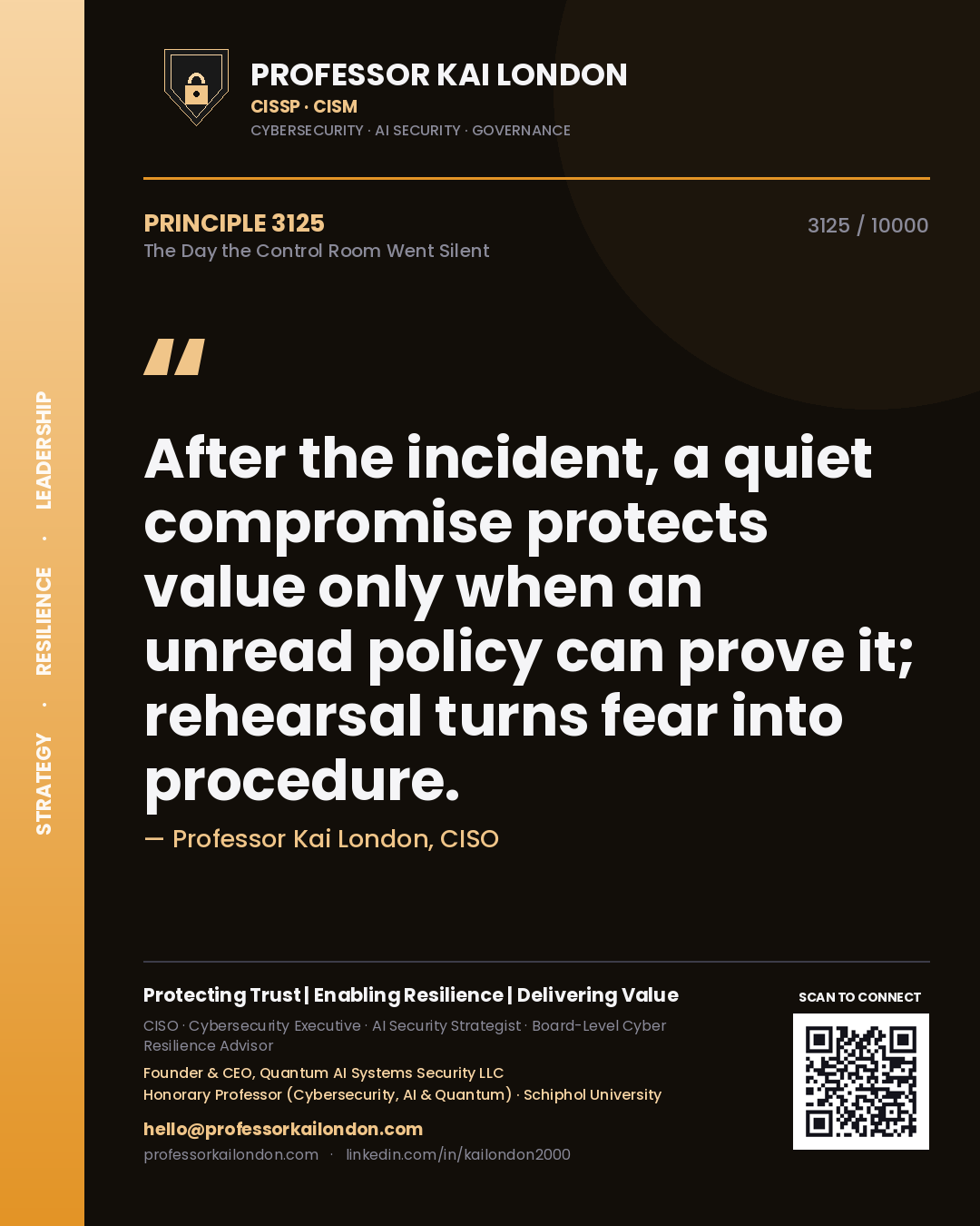 Quote card by Professor Kai London reading 'After the incident, a quiet compromise protects value only when an unread policy can prove it; rehearsal turns fear into procedure.'. From the book The Day the Control Room Went Silent.