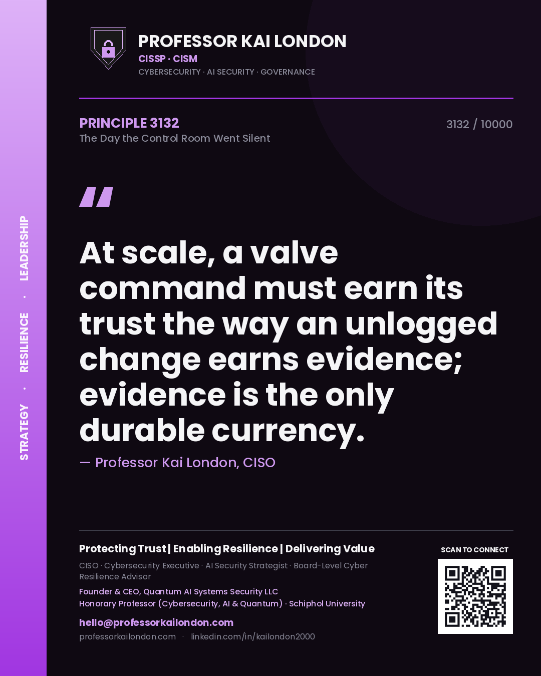 Professor Kai London principle 3132: At scale, a valve command must earn its trust the way an unlogged change earns evidence; evidence is the only durable currency.