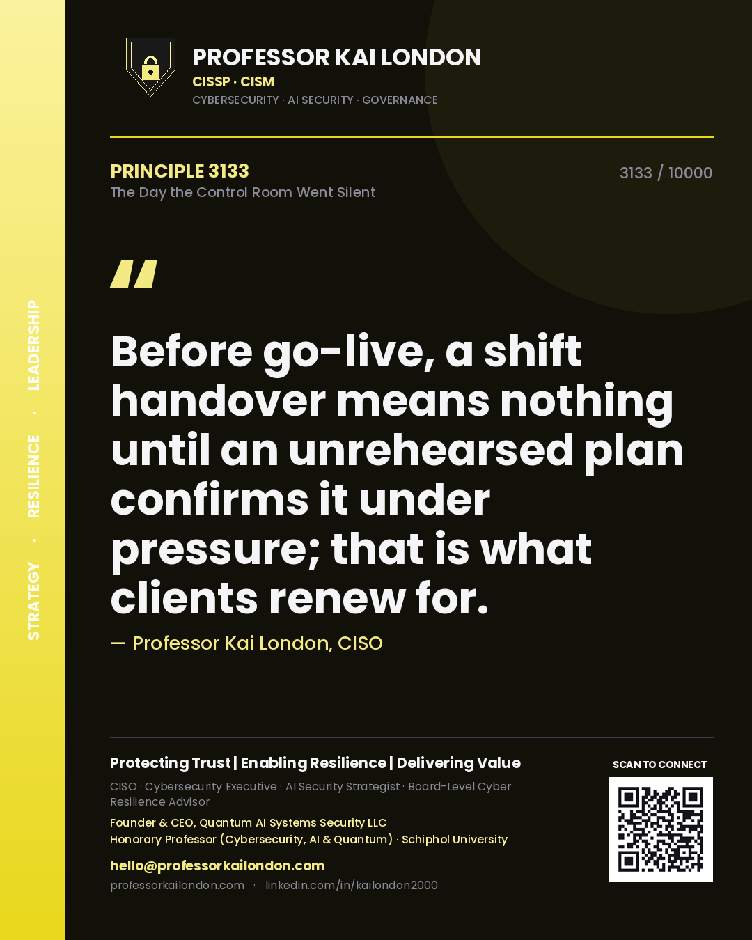 Professor Kai London principle 3133: Before go-live, a shift handover means nothing until an unrehearsed plan confirms it under pressure; that is what clients renew for.