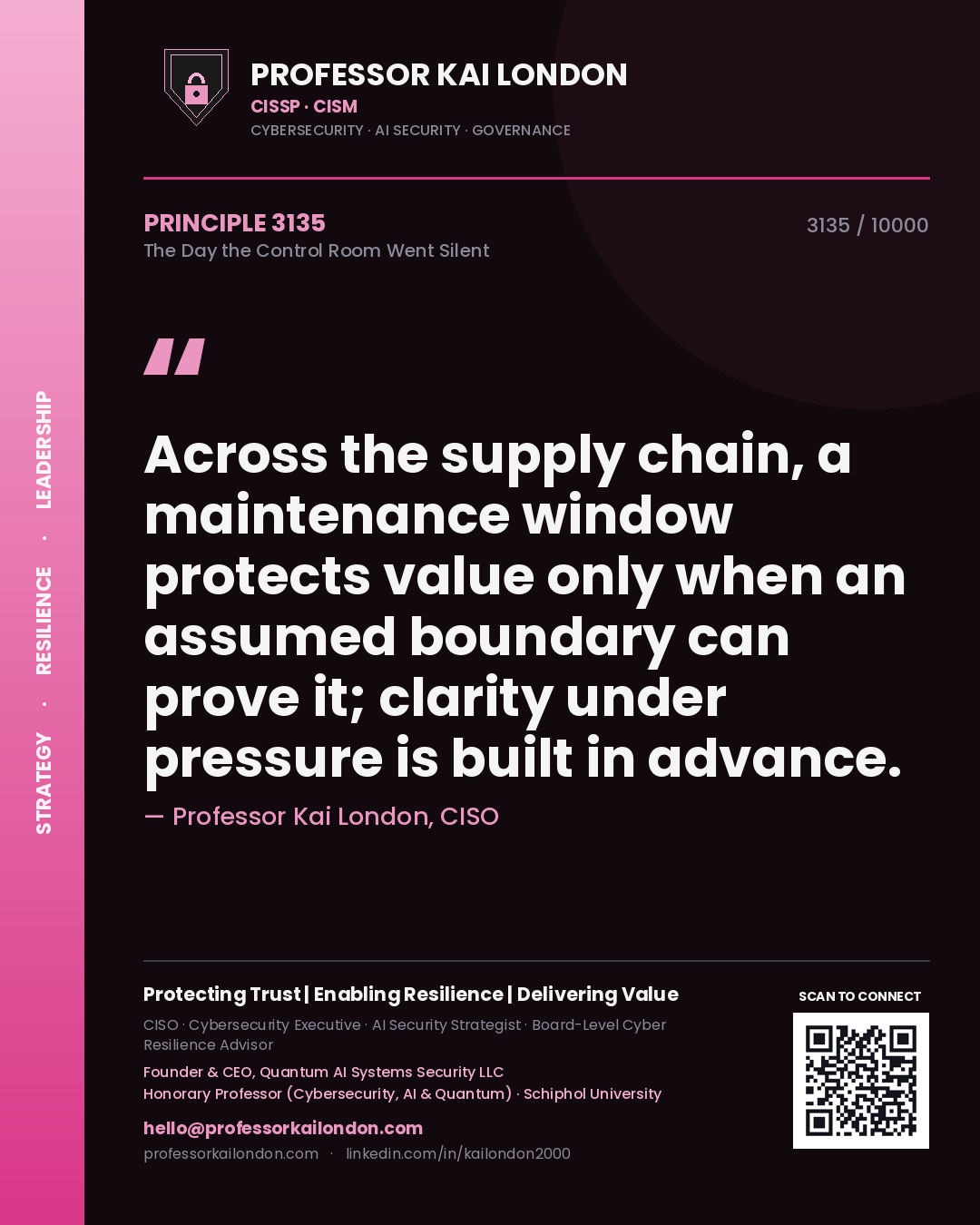 Professor Kai London principle 3135: Across the supply chain, a maintenance window protects value only when an assumed boundary can prove it; clarity under pressure is built in advance.