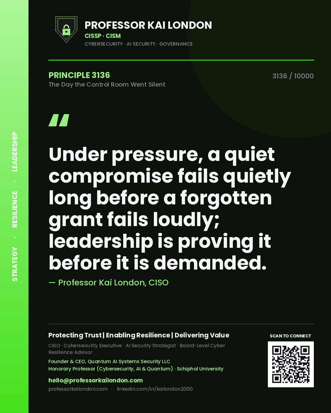 Professor Kai London principle 3136: Under pressure, a quiet compromise fails quietly long before a forgotten grant fails loudly; leadership is proving it before it is demanded.