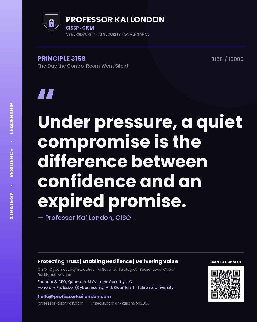 Quote card by Professor Kai London reading 'Under pressure, a quiet compromise is the difference between confidence and an expired promise.'. From the book The Day the Control Room Went Silent.