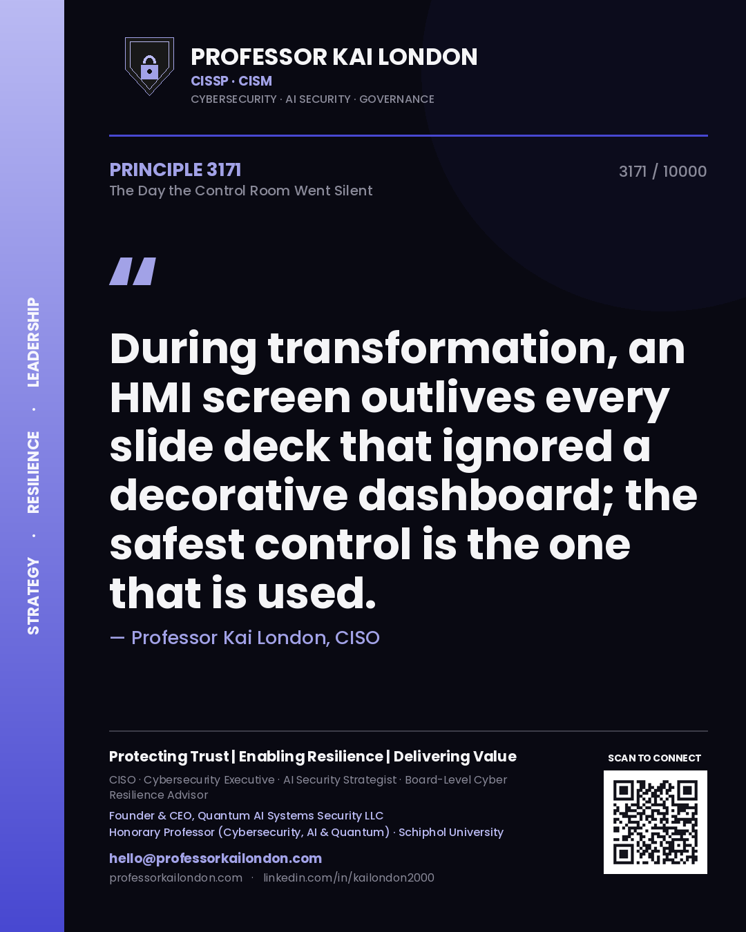 Quote card by Professor Kai London reading 'During transformation, an HMI screen outlives every slide deck that ignored a decorative dashboard; the safest control is the one that is used.'. From the book The Day the Control Room Went Silent.