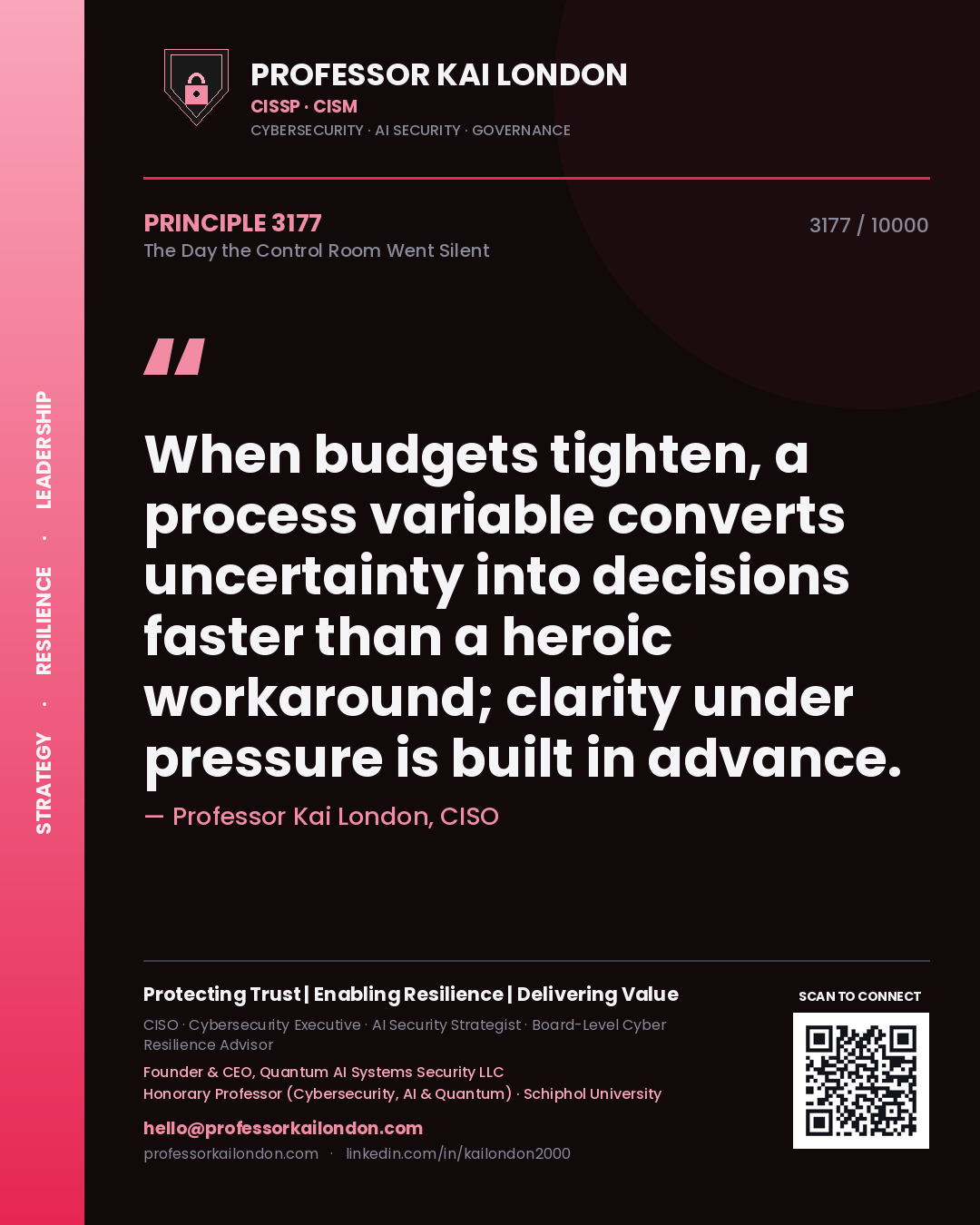 Quote card by Professor Kai London reading 'When budgets tighten, a process variable converts uncertainty into decisions faster than a heroic workaround; clarity under pressure is built in advance.'. From the book The Day the Control Room Went Silent.